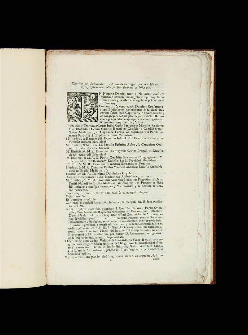 [Istrumento della donazione di dodici volumi di Leonardo da Vinci fatta alla Biblioteca Ambrosiana di Milano da Galeazzo Arconati a mezzo del suo procuratore Cristoforo Sola in data 21 gennaio 1637].