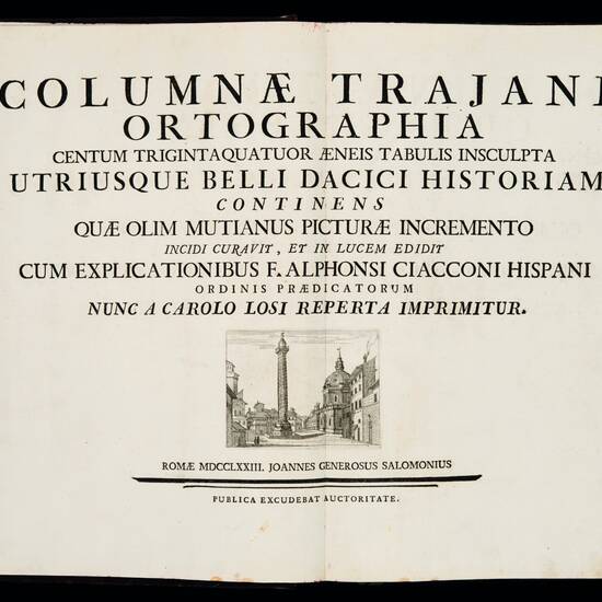 Columnae Trajani ortographia centum trigintaquatuor aeneis tabulis insculpta utriusque belli dacici historiam continens.