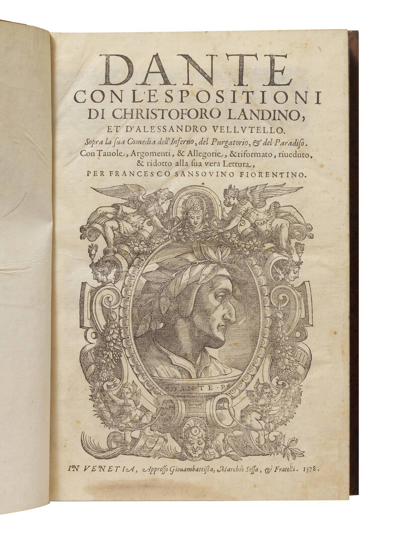 Dante con l’espositioni di Christoforo Landino, et d’Alessandro Vellutello. Sopra la sua Comedia dell’Inferno, del Purgatorio, & del Paradiso. Con Tavole, Argomenti, & Allegorie, & riformato, riveduto, & ridotto alla sua vera Lettura, per Francesco